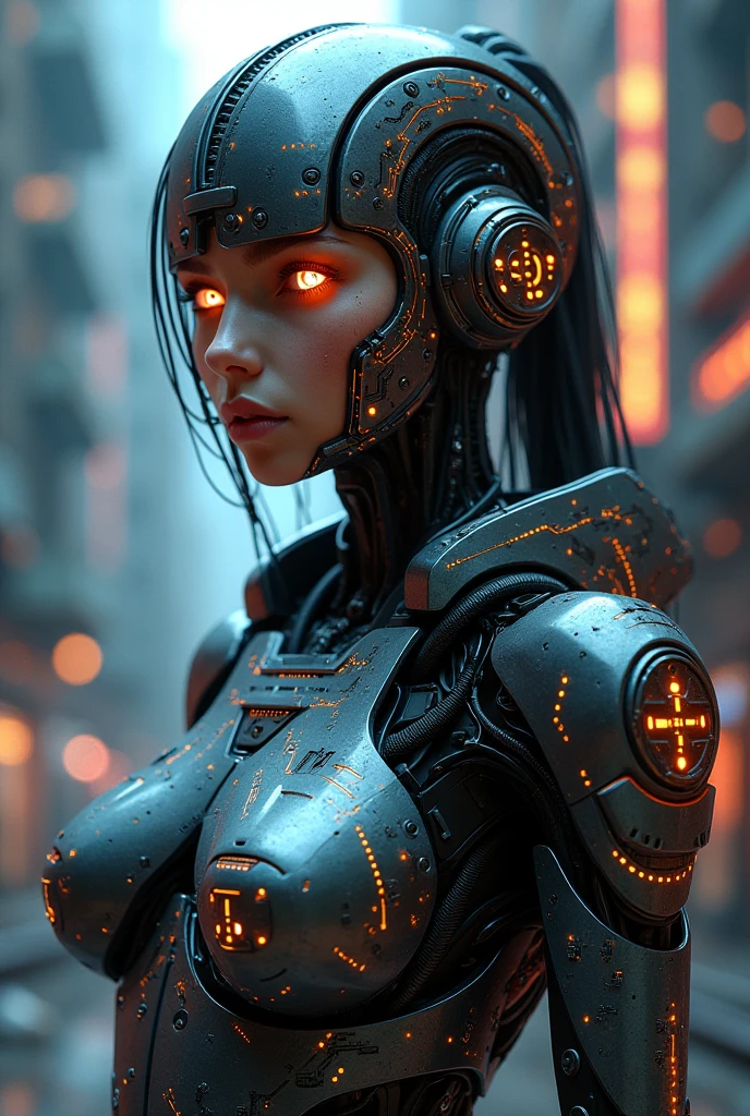 best quality,masterpiece,1 girl, adult (elven:0.7) woman, freckles, red eyes, black quiff hair, ombre, portrait, solo, upper body, looking away, detailed background, detailed face, (<lora:CnCNODAIv2:0.6>, CnCNODAI theme:1.1), android, mechanical limbs, mechanical eyes, wires, cables, high-tech, head tilted, emotionless, artificial intellgience, steel, digital implants, circuits, powered by dark matter, flashing lights, bioluminescent parts, neon colors, flames <lora:Fire_VFX:0.3> in background, cinematic atmosphere,,