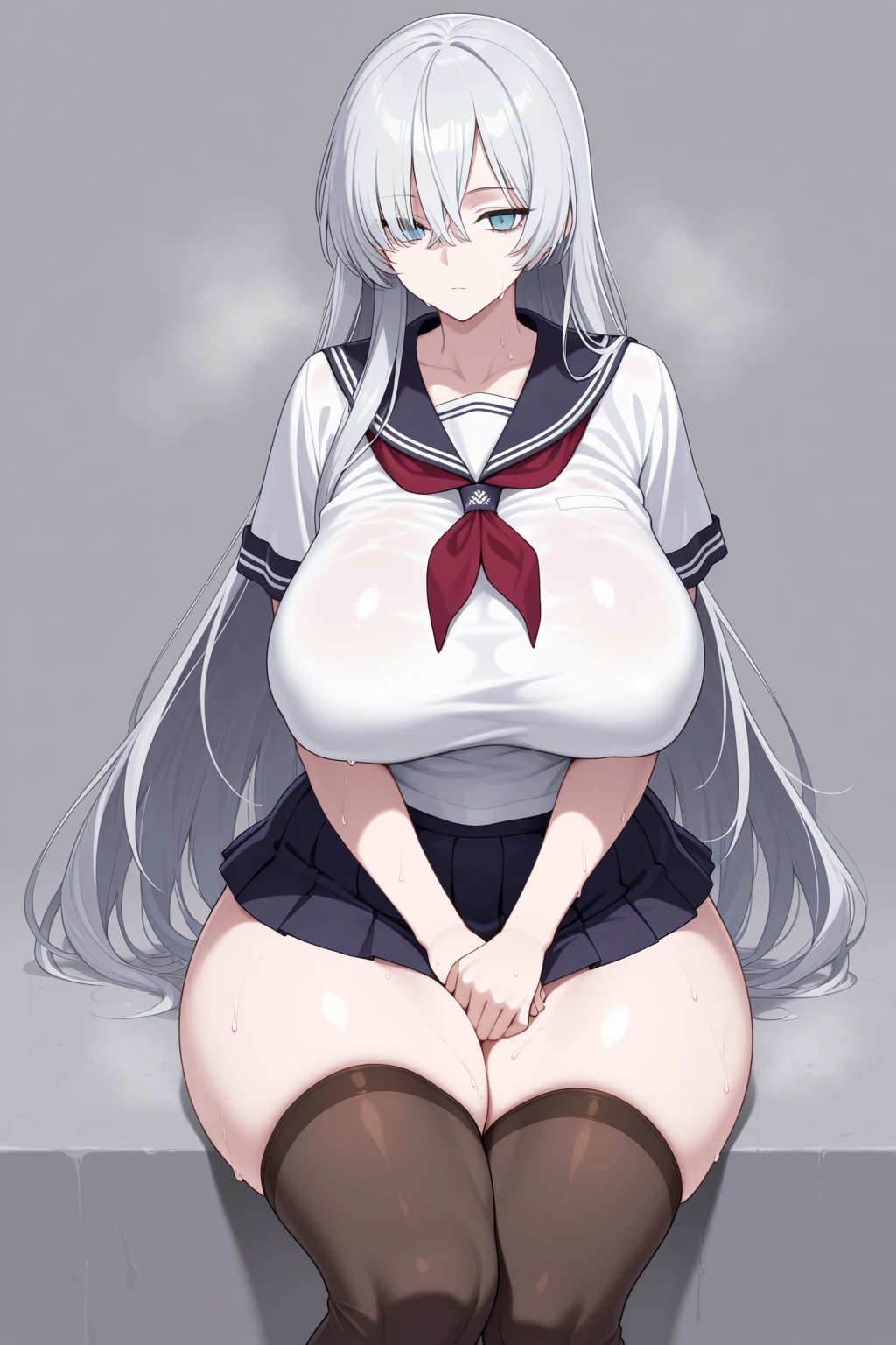score_9, score_8_up, score_7_up, score_6_up, uncensored, mylene, long hair, silver hair, blue hairband, blue eyes, necklace, BREAK (masterpiece:1.2), best quality, high resolution, (detailed eyes:1.3), perfect lighting, (perfect hands, perfect anatomy), large breasts, hearts, pleasured, 1girl, breasts, black_gloves, gloves, navel, rating:questionable, looking_at_viewer, solo, skirt, pasties, standing, school_uniform, serafuku, thighhighs, shirt, revealing_clothes, short_sleeves, pleated_skirt, skirt lift, fundoshi, excessive pubic hair