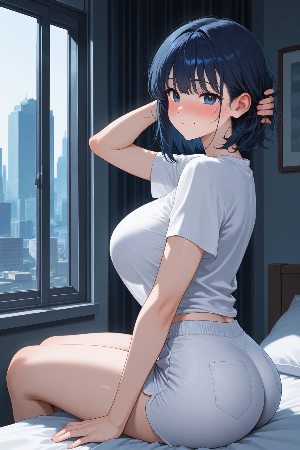 tmasterpiece， high high quality， 8K， beautiful light up， 1girll， 独奏， akane， white  shirt， tee shirt， blue short pants， 无袖， looking at viewert， sitted， Bedrooms，heart - shaped pupils，full face blush，steamy，sweat leggs，Love to fight，and the tongue sticks out，embarressed，Behold the，wetclothes，tmasterpiece，Best quality at best，