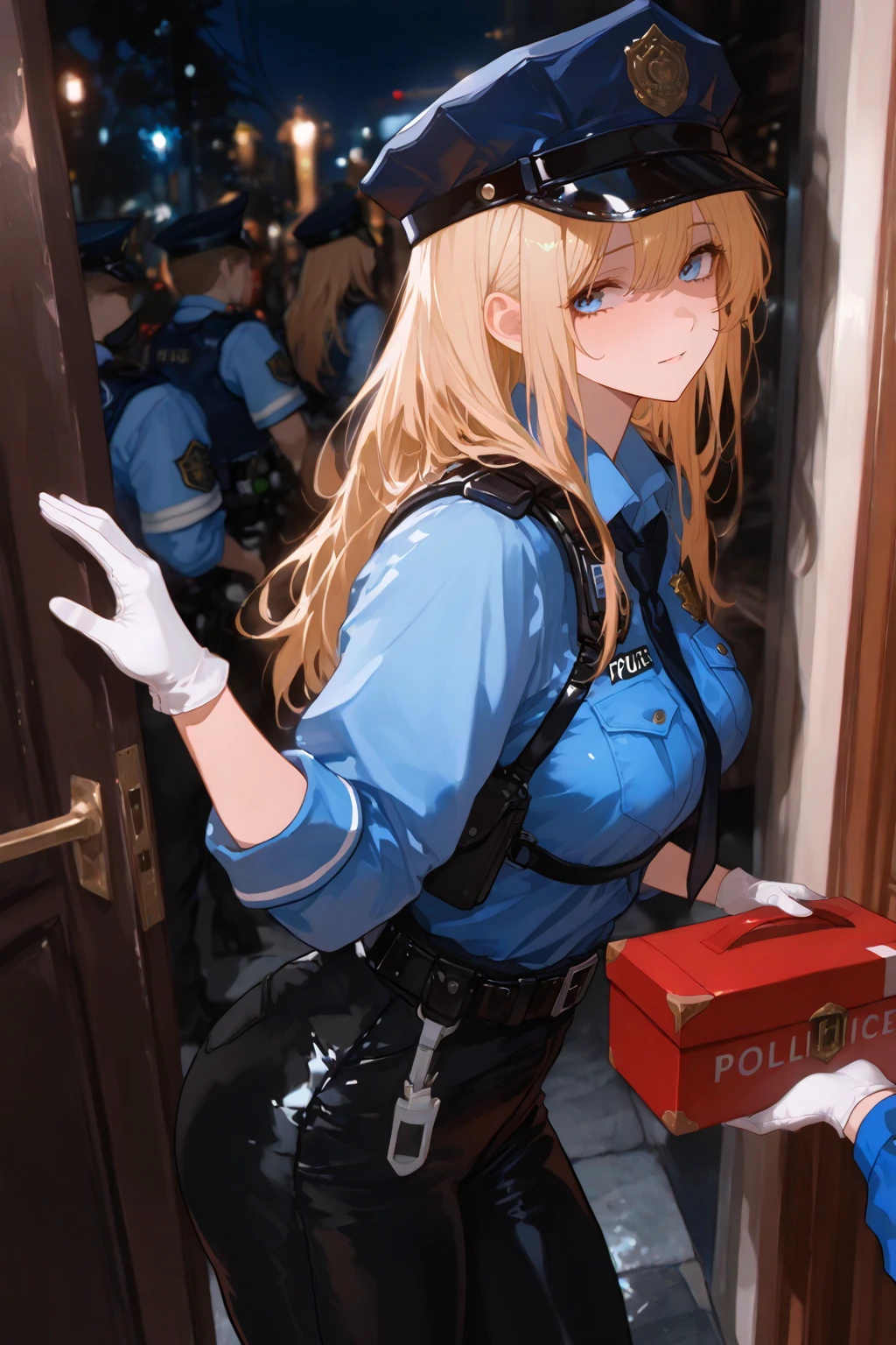 lumen reflections, natural lighting, evocative, triadic color scheme, cowboy shot, elegant, voluptuous:0.6, looking at viewer, 1girl, female, solo, blush, open mouth, smile, teeth, sfw, <lora:SERASV:1>, seras victoria, hellsing, blonde hair, short hair, blue eyes, uniform, (blue uniform), police uniform, gloves, white gloves, skirt, (blue skirt), belt, brown belt, thigh highs, black thigh highs