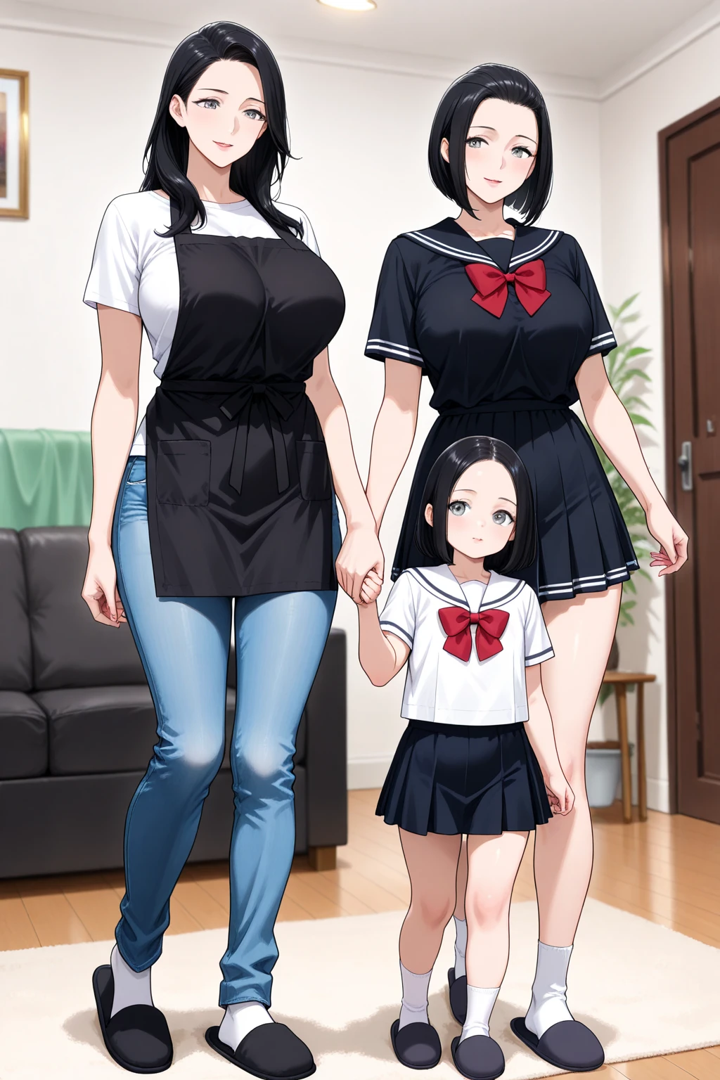Beauty mother-in-law Black Hair A little height difference Mother and daughter have beautiful breasts hair band Both mother and daughter are holding back tears. kitchen Nipples Pussy White knee-high socks naked