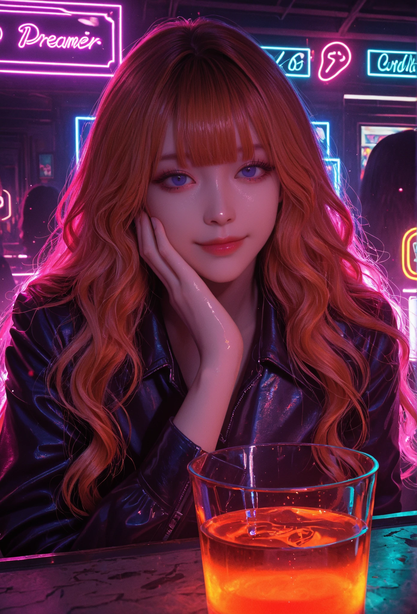 (Best Quality, High resolution, ultra detailed, realist:1.37), 1 girl, Alone, ((3, wearing a purple sequin dress, medium breasts, short orange hair, ponytail style hair, Pale skin, Natural makeup, perfect model body:1.3, detailed blue eyes:1.5, beautiful detailed lips, extremely detailed face, long eyelashes, looking at the viewer, holding a martini glass)), Science fiction, Digital art, futuristic coloring, vibrant lighting, (bottom: inside, nightclub, bar, Neon lights, Futuristic, Science fiction, Cyberpunk theme, tecnología futurista en el bottom)

