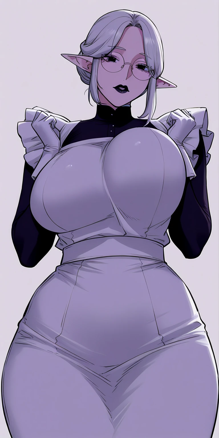 SFW, ((black grey skin Drow)) (apron, naked, sideboob), (gigantic breasts, huge breasts, Big breast), firm breasts , tall girl, slim waist, curvy figure, arms behind back, (purple_hair, blue_eyes), short_hair, braids