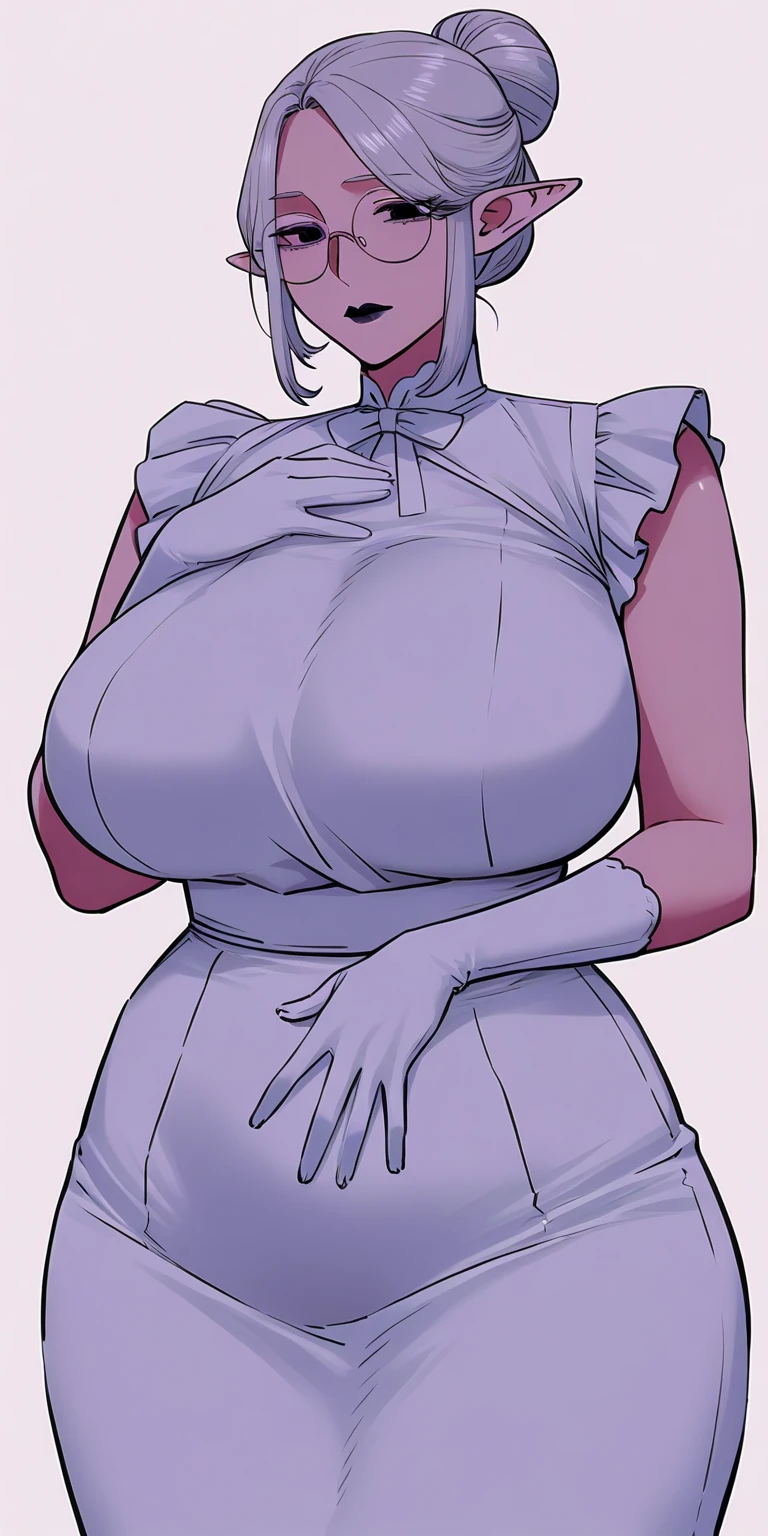 ((best quality)), ((Masterpiece)), (details), Poor girl, My hair started turning white...,  purple eyes, Still beautiful, Youthful look, Age 60, big breasts, Good shape, seductive pose, darling, breast suckling, bedroom, Have a smile, 3d, cartoon, anime, 