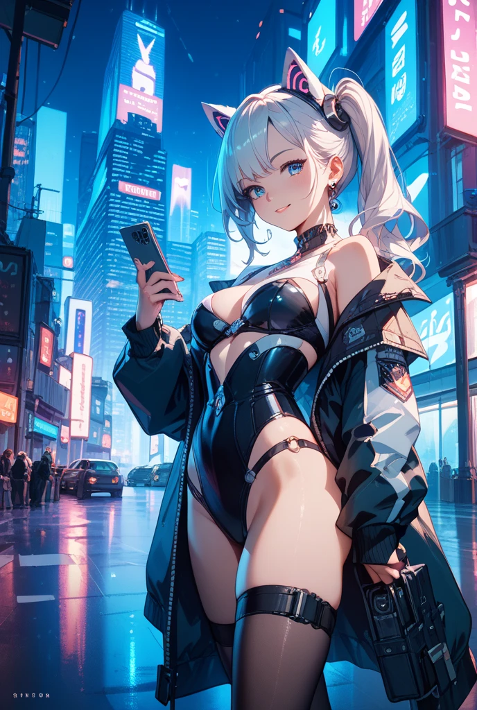 Highest quality, masterpiece, Ultra-high resolution,City of night,Standing woman,Neon Town, Have a smartphone,cyber punk vibe, cyber punk art style, cyber punk vibes, digital cyber punk - anime art, cyber punk themed art, cyber punk anime art, digital cyber punk anime art, in cyber punk style, cyber punk artstyle, has cyber punk style, anime cyber punk art, in cyber punk city, cyber punk art, cyber punk))), cyber punk style, style of cyber punk ,Red eyes, Cleavage, ,Seraphim, skirt,, Multicolored Hair, Grey Hair, Striped Hair, hair ornaments, smile, Black Hair, ,Black jacket, Earrings, Braiding, tooth,Long Hair,Octance 4K, Attention to detail