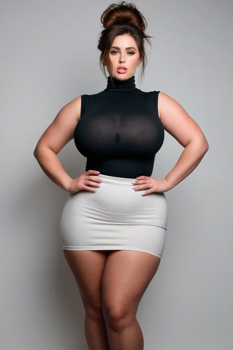 beautiful Indonesian bbw woman, sexy curvy body, has big round breasts, wearing tight clothes, wearing a mini skirt, wearing sexy stockings, beautiful face, blonde hair, full body shot, realistic quality, high quality, detailed quality, ultra details