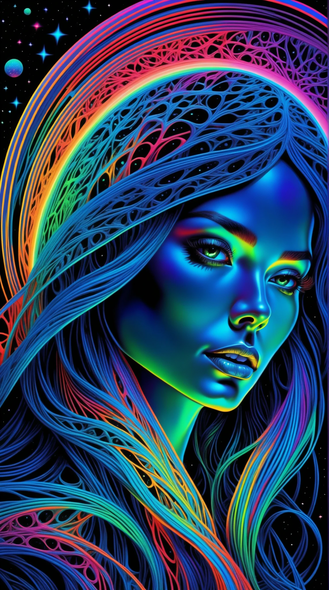 cartoon style, masterpiece, best quality, ultra high res, extremely detailed, (psychedelic art:1.4), woman, veil, visually stunning, beautiful, award-winning illustration, cosmic space background, ethereal atmosphere, ultra quality, beautiful girl, cosmical concept, rainbow strings, rainbow skin, rainbow bloody veins growing and intertwining out of the darkness, nailed wire, oozing thick blue blood, sharp neon, veins growing and pumping blood, vascular networks growing, green veins everywhere, yin and yang, glowing space, glowing stars, infinity symbol