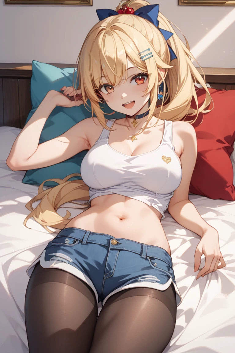 NSFW,(pale illustration,anime illustrations:1.2),(masterpiece, highest quality, so beautiful, Super detailed),textured skin, high details,8k,gleaming skin,pale outline

(hachimiya meguru, idolmaster:1.2),gold hair,

1 girl,(black Thighhighs:1.3),middle breasts,shorty,happy smile,
crop top,bottomless,standing,
from front,white and clean bedroom