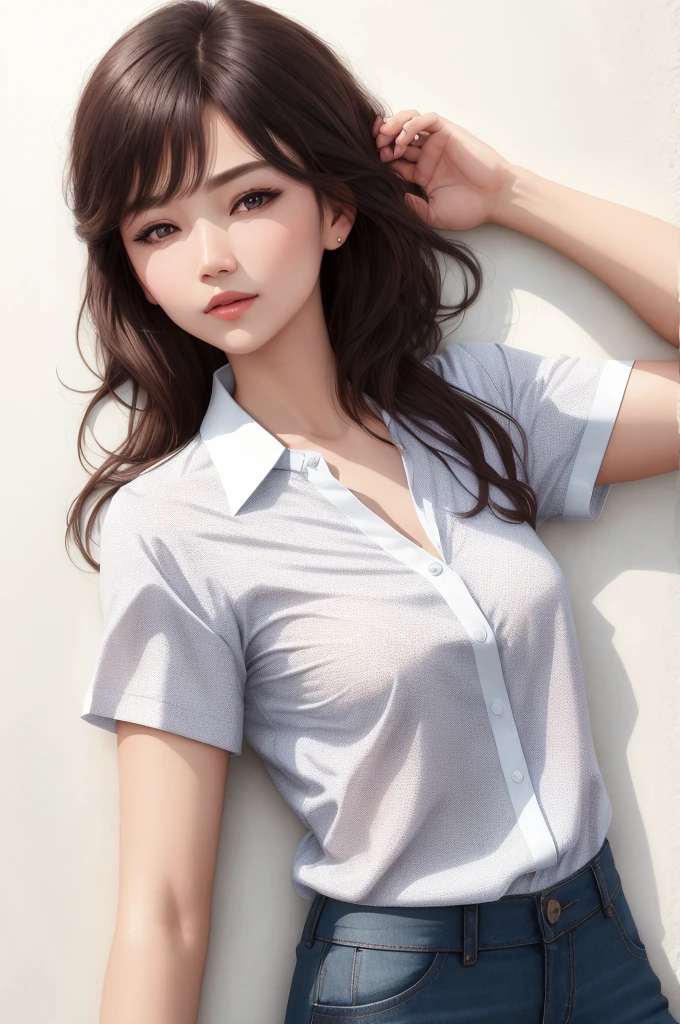 teen, 1girl in, Extremely cute, Amazing face and eyes, (Beautiful lovely smile), (extremely detailed beautiful face), bright and shiny lips, Super beautiful, (unbuttoned sheer School blouse:1.3), (Best Quality:1.4), (hyper quality), (Ultra-detailed), (Hyper-realistic, Photorealsitic:1.37), Authentic skin texture, Highly detailed CG integrated 8k wallpapers, RAW Photos, professional photograpy, Cinematic lighting,