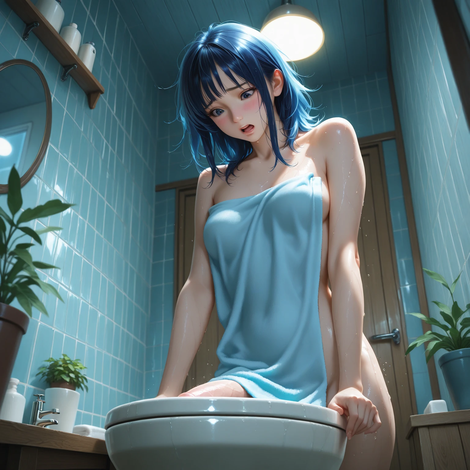 1girl in, Solo, Laura S. Alceid (long dark blue hair, Ponytail and side van, small tit), (Inspired by Cold Steel&#39;Shower room) ,(Accurate Hand Modeling,),natta,Military Academy, Shy face,Smiling smile,open one's legs,Hands behind the head,Naked,hiding chest with hands,taking shower,sodden,crouching down,