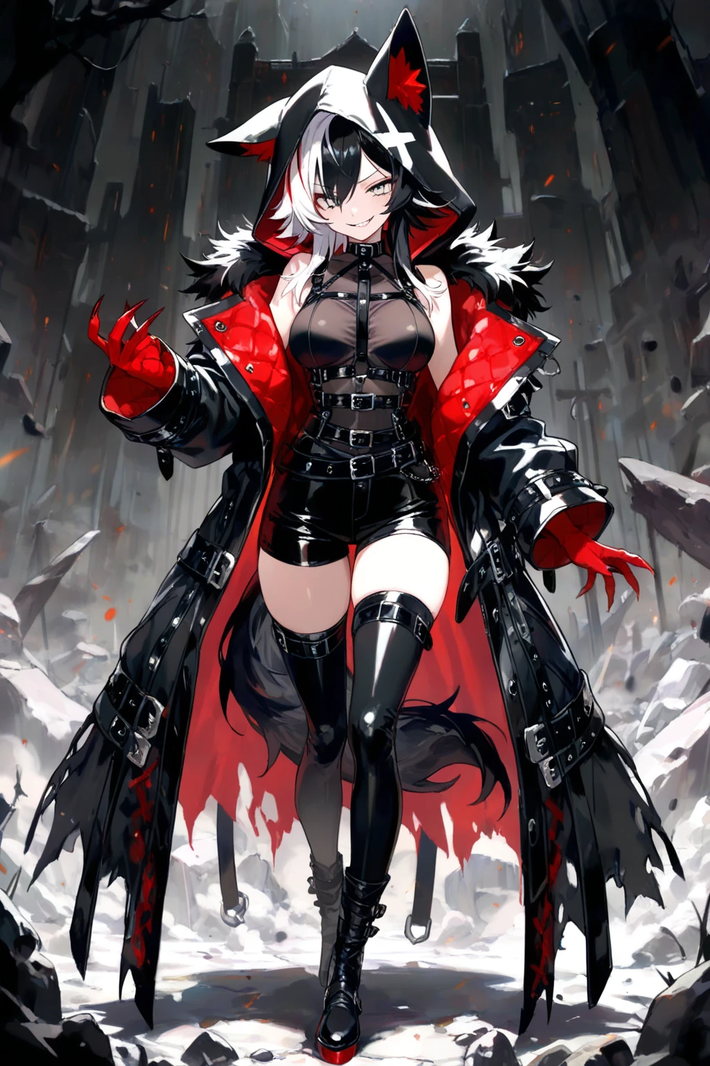 young girl, short black hair, Green eyes, angry, superhero, Spawn of Hell, black catsuit, White Elements, red coat, Demonic Chains, hiquality, 4k, HD, Good detail