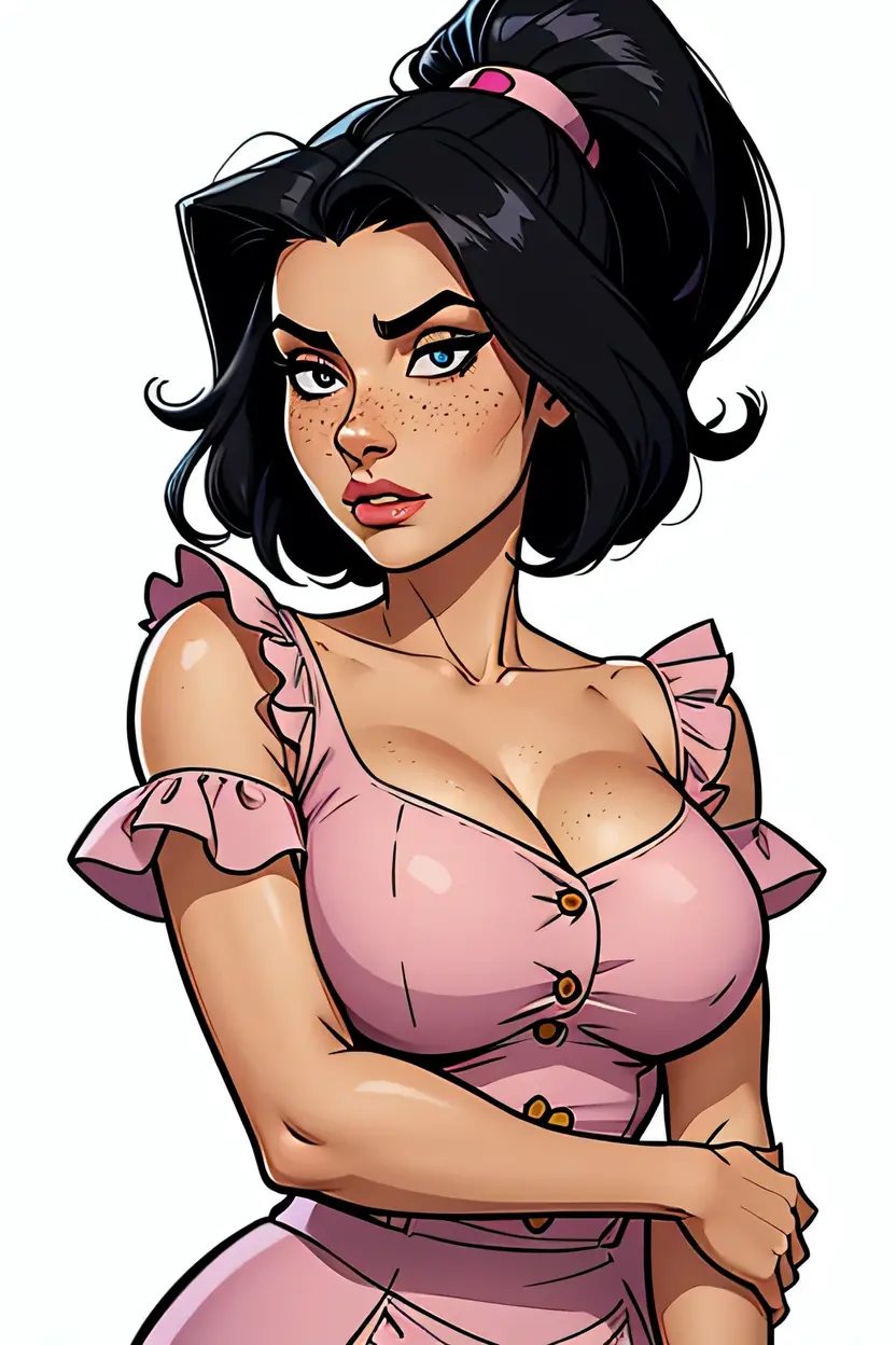 Thin woman, age 25, 4K (High definition), thoughtful, seducing gaze, eyes browns, wearing a long blue dress with a boat neckline (with buttons) and short sleeves (with white frills), arms positioned at the side of the body, pele caucasiana, straight shoulder-length black hair, upper body, full of curves with freckles on her chest and neck, round breasts. High-quality Marvel style, white background.