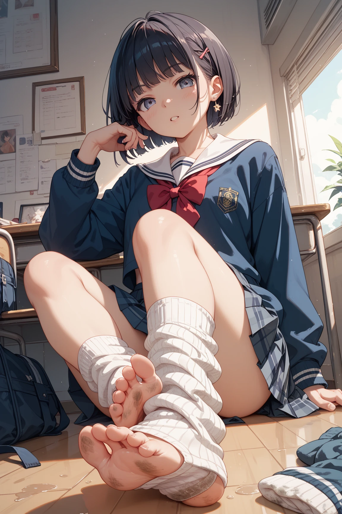 Anime girl sitting at a table with her hand on her chin,(Browsing Caution:0.99)、beautiful girl, (Roll up your skirt), looking at the camera, Angle from below, Short skirt, Squat, A shy smile, Japanese , Beautiful Skin, ((Highest quality, 16K, Tabletop: 1.3)), 1 Girl, The light shines on your face, Highly detailed face, Highly detailed lips, Beautiful Eyes、Realistic looking skin、School_uniform, shirt, It turned white_shirt,Cute design panties、Shaving、Various Hair Styles、Natural clothing、Vans Sneakers、bite、Detailed panties