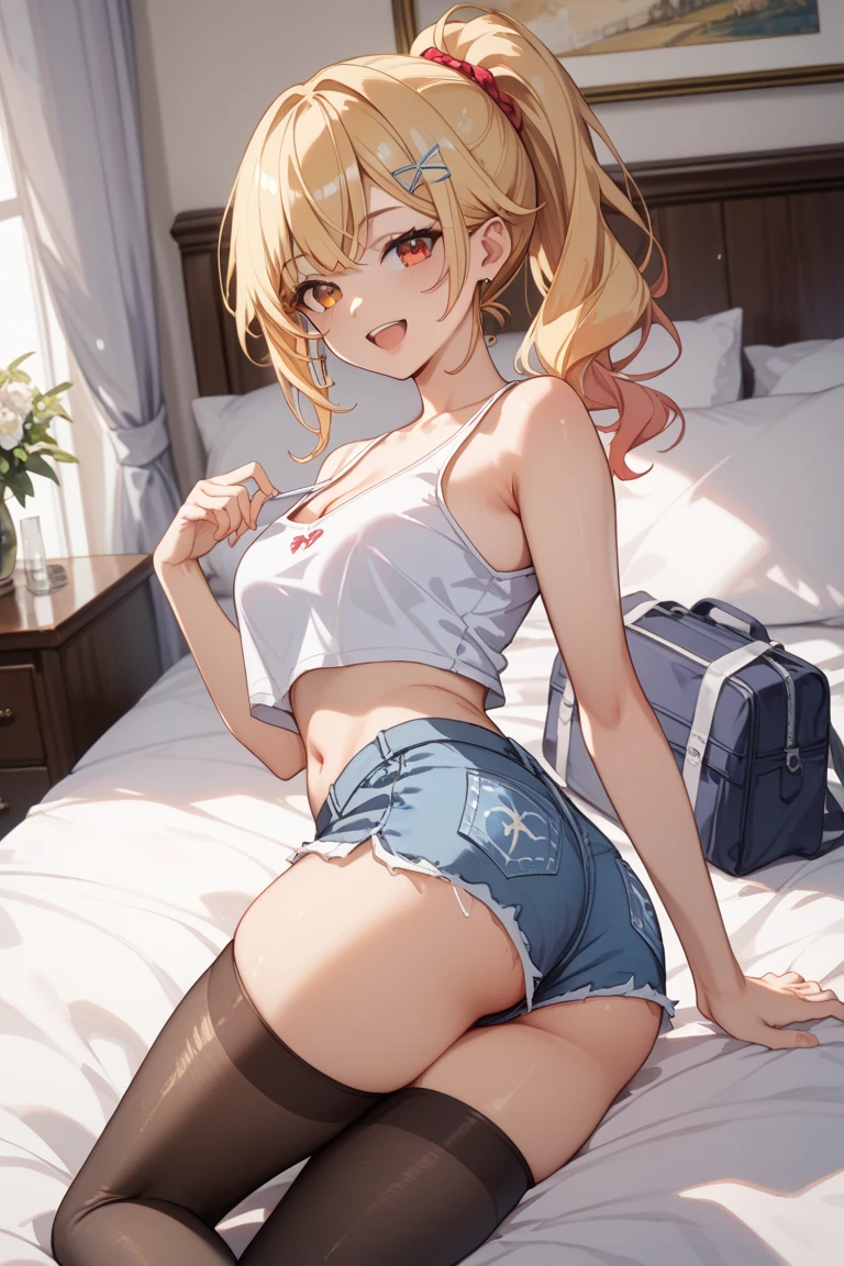 (highest quality, High resolution, perfect pixel, Depth of bounds written, 4K), (high angle), bed, (full body:1.2), detailed eyes, (1 girl), perfect body, medium breasts, blond hair, (side ponytail), (white t-shirt lift:1.5), (show off black bow bra:1.5), (v-neck), (black mini skirt:1.2), necklace, (kneehighs), bellybutton, (wariza), (leaning forward), (crotch grab), blush, seductive smile, open mouth, tongue out, wet,