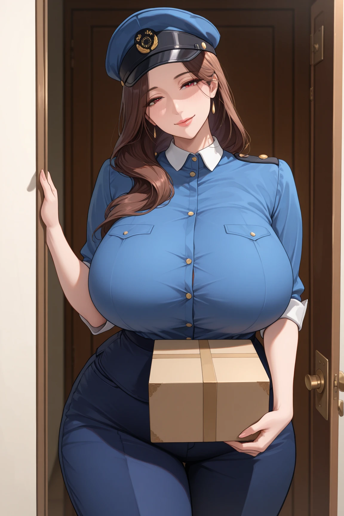 Slim body, large boobs, wear only bra, at storage room