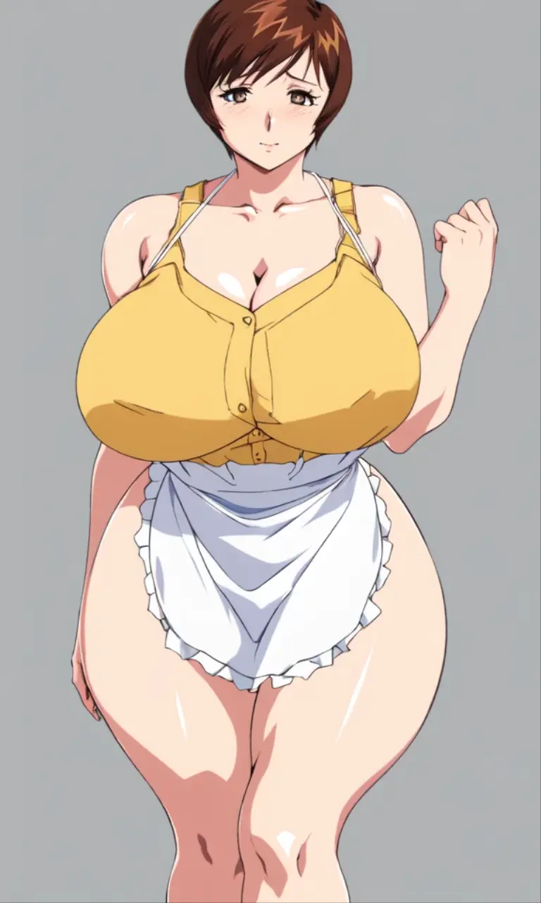 masterpiece, highest quality, High resolution, One girl, solo, sexual intercourse, Pornographic images, short hair, etsukoto, brown Eyes, fine grain, fine grain, (((Thick thighs, Plump thighs, Voluptuous thighs, Thighs alone are enough))), Huge and ample breasts, Cleavage, big long breasts, Naughty big,((big breasts are important))、((Naughty thighs)), L Cup, (thin:1.4),(Tight waist:1.4),  (yellow dress:1.4), smile, ((white waist apron)), white panties,  (((Simple Background))), ((Wide Hips)), Shiny, Oily skin, Mature mother, Calf, Seductive mature woman, milf, Perfect body, Plus Size Model, curvy, ample, etsukoto, blush, clavicle, retro artstyle, 1990s (style), (thick thighs:1.4), Bare legs, (from side:0.8), full body, feet,