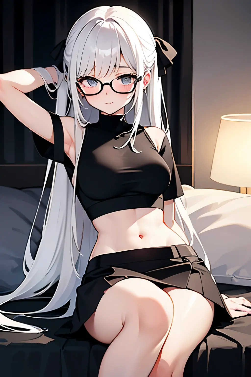 Girl with white hair, cat ears, black glasses, blushing extremely, she has put on a bra if her breasts are small, grabbing her breasts, a black skirt, a cat tail with black stockings on the bed