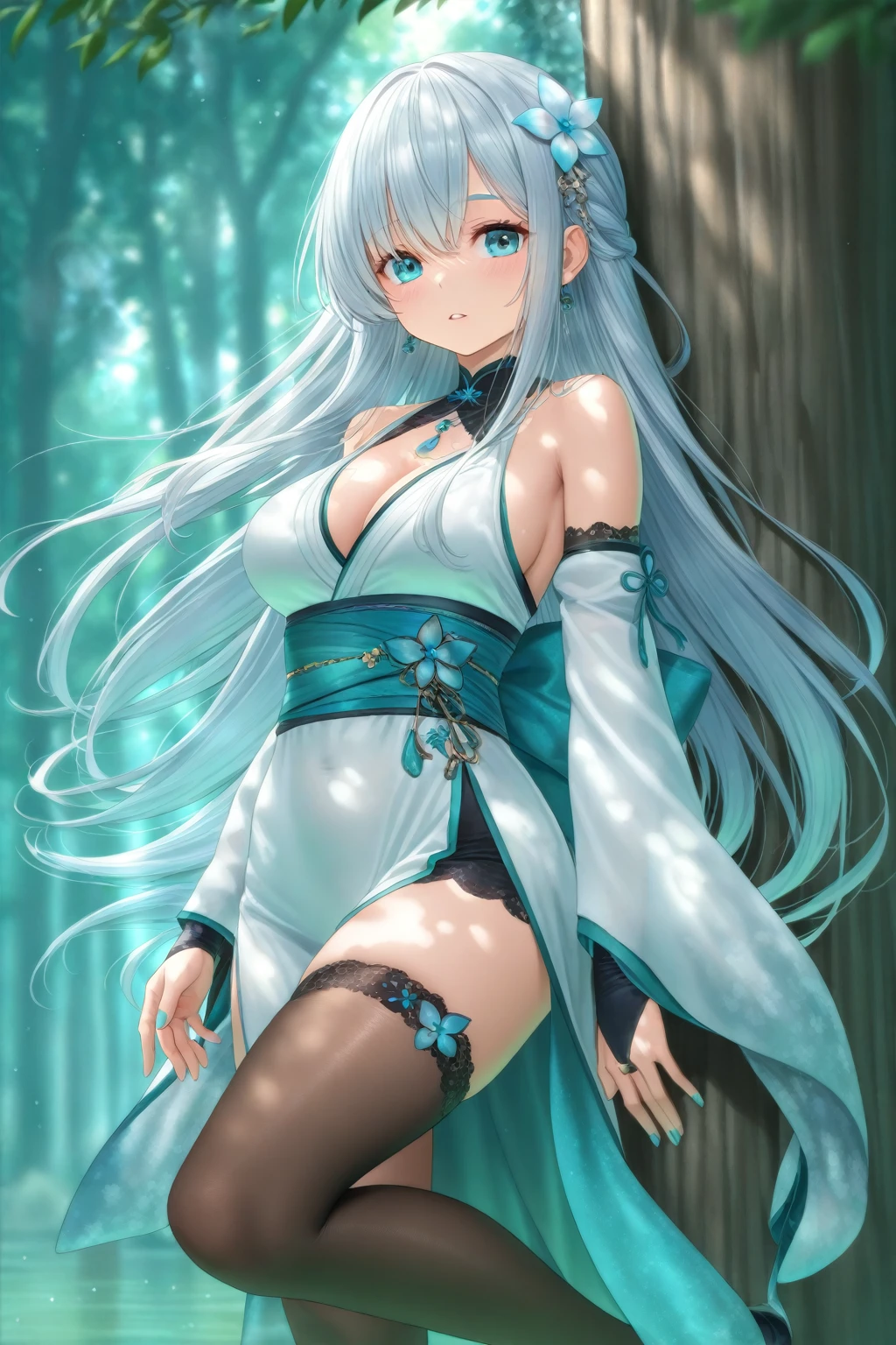 "Create a digital anime style illustration of a beautiful forest goddess。, Flowing white hair. She should wear a detailed all-over white dress decorated with leaf and floral patterns., Perfect for a fantasy theme. A glamorous woman with a clear look.The dress design does not reveal any skin.,  Use additional fabric or natural elements such as leaves and vines to cover. Characters should have an elegant and mature appearance, Look Around 2, With cool eyes and a calm expression, just increase the wide angle a little.. The background is rich, A mysterious forest woven with soft light and shining plants, Enhance the mystical atmosphere."