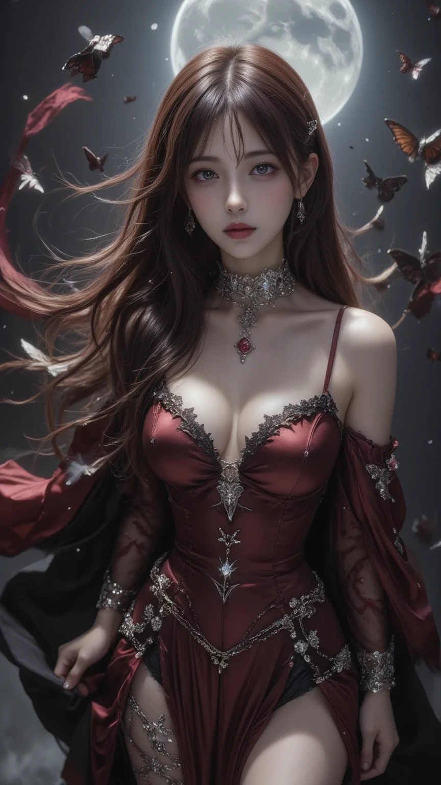 Scarlett witch played by Elizabeth Olsen, immersive huge breast, downblouse, sexy lingerie dress, red horn crown on forehead, hyper realistic, dark background, castle, soft light, morning , epic realismclose up shot, epic realism, extremely detailed, extremely realistic, artistic, painting, 4k texturebest quality, masterpiece, highres, 1girl, white flared chiffon short dress, smile, closed mouth,lips, blonde long hair, detailed beautiful eyes,detailed eyelash, Beautiful face,upon_body, tyndall effect,photorealistic, rim lighting, two tone lighting,(high detailed skin:1.2), 8k uhd, dslr, soft lighting, high quality, volumetric lighting, candid, Photograph, high resolution, 4k, 8k, Bokeh, in downtown, afternoon