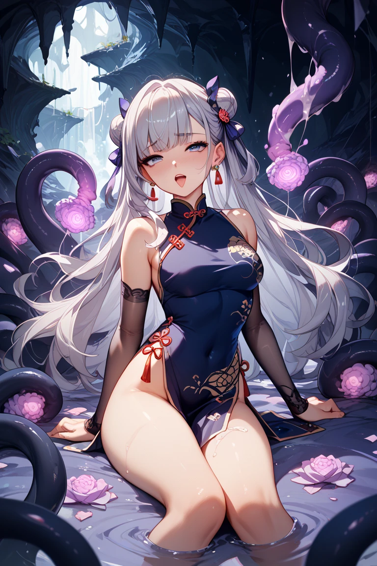 Torn red cheongsam，Broken black pantyhose，huge breasts，胸前Holes in clothes，Damaged clothes，Holes in clothes，Battle damage，Seriously injured，long white hair，Wipe the blood from the corner of your mouth with your hand，Weak，Gasping lightly，sideways，Half of your butt is exposed，Cell phone entangled in octopus tentacles，Entangled by octopus tentacles