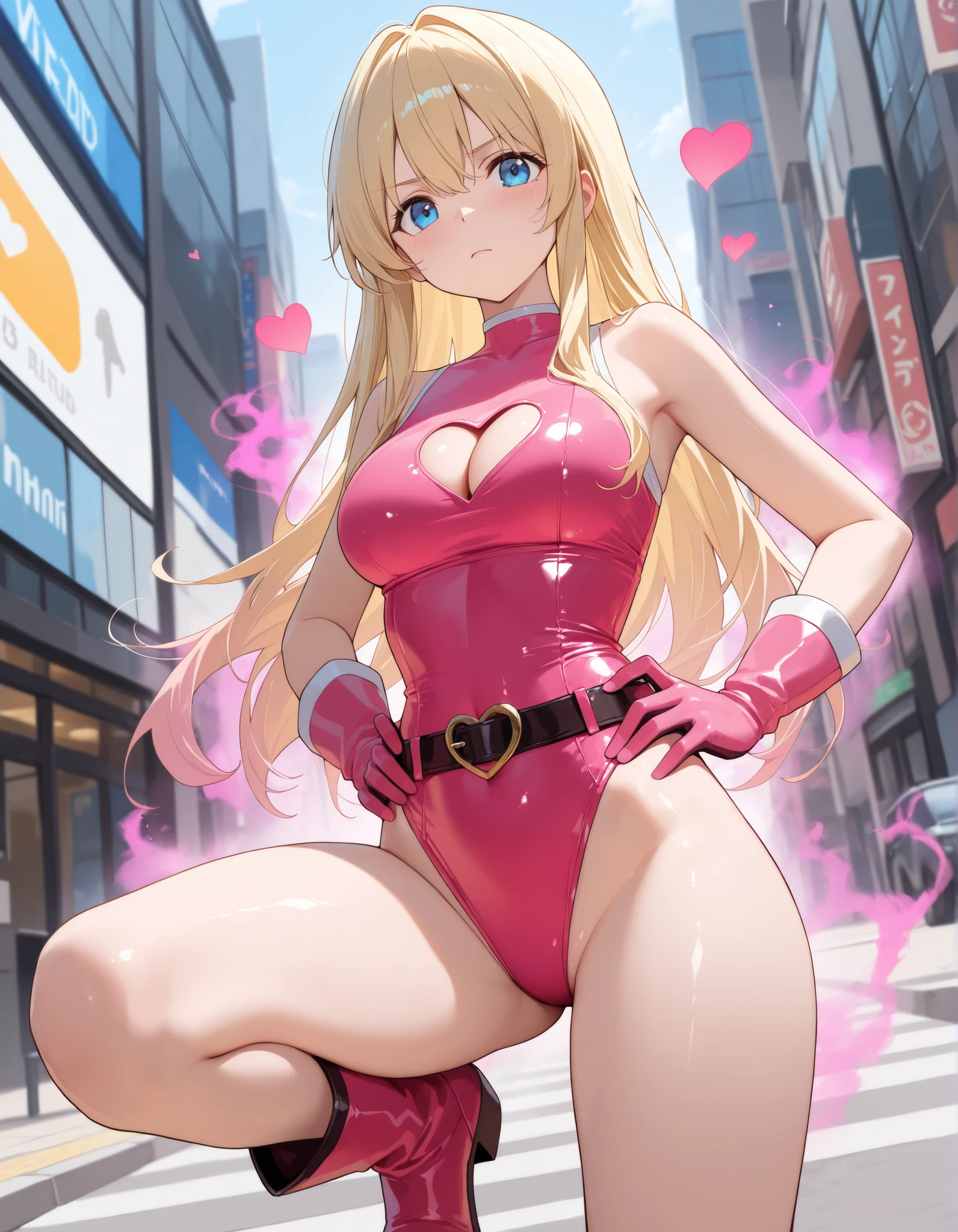 ((super high quality,Ultra-high resolution,16K,super masterpiece,Ultra HD,Ultra high definition:1.3,))One Girl,18-year-old,(Blonde:1.5,Short wavy hair:1.3),Short Side Ponytail,(Butterfly Shape,Black and purple hair band:1.4,)Emerald eyes,Cleavage,sexly,((Opened to the chest,tight,Light pink:1.3,One-piece sweat suit:1.5,))(popped collar,tight襟,Large collar,Fine zipper:1.3,)(light blue butterfly necklace:1.2,)To the camera,Smiling happily,Close one eye, V-sign with one hand,Place one hand on hip,leaning forward with her body angled forward,Sweaty,(A lot of water splashes all over the body:1.5,)Angle looking up from below,a blue sky with clouds and sun,