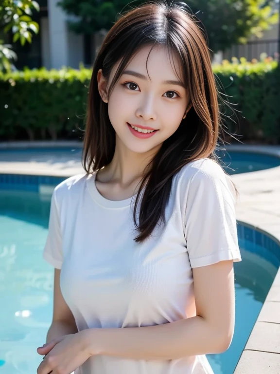 (masterpiece, best quality:1.1), (8k, raw photo, photo realistic:1.2, f22), (shiny skin),japanese,detailed skin,long hair,ribbon,detailed face, detailed eyes,smile,BREAK, real world, intricate details, smil, BREAK, 1girl, full body,(short sleeve,dress,red),BREAK ,(テラス:1.4)