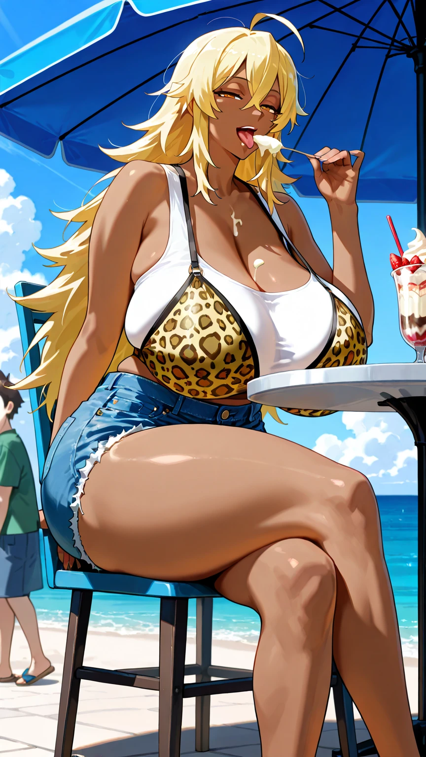 masterpiece, best quality, 1girl, solo <lora:ff7claudia-nvwls-v1-000009:0.8> ff7Claudia, ponytail, large breasts, mature female, black bikini, choker, thigh strap, beach, smile, looking at viewer, sunglasses