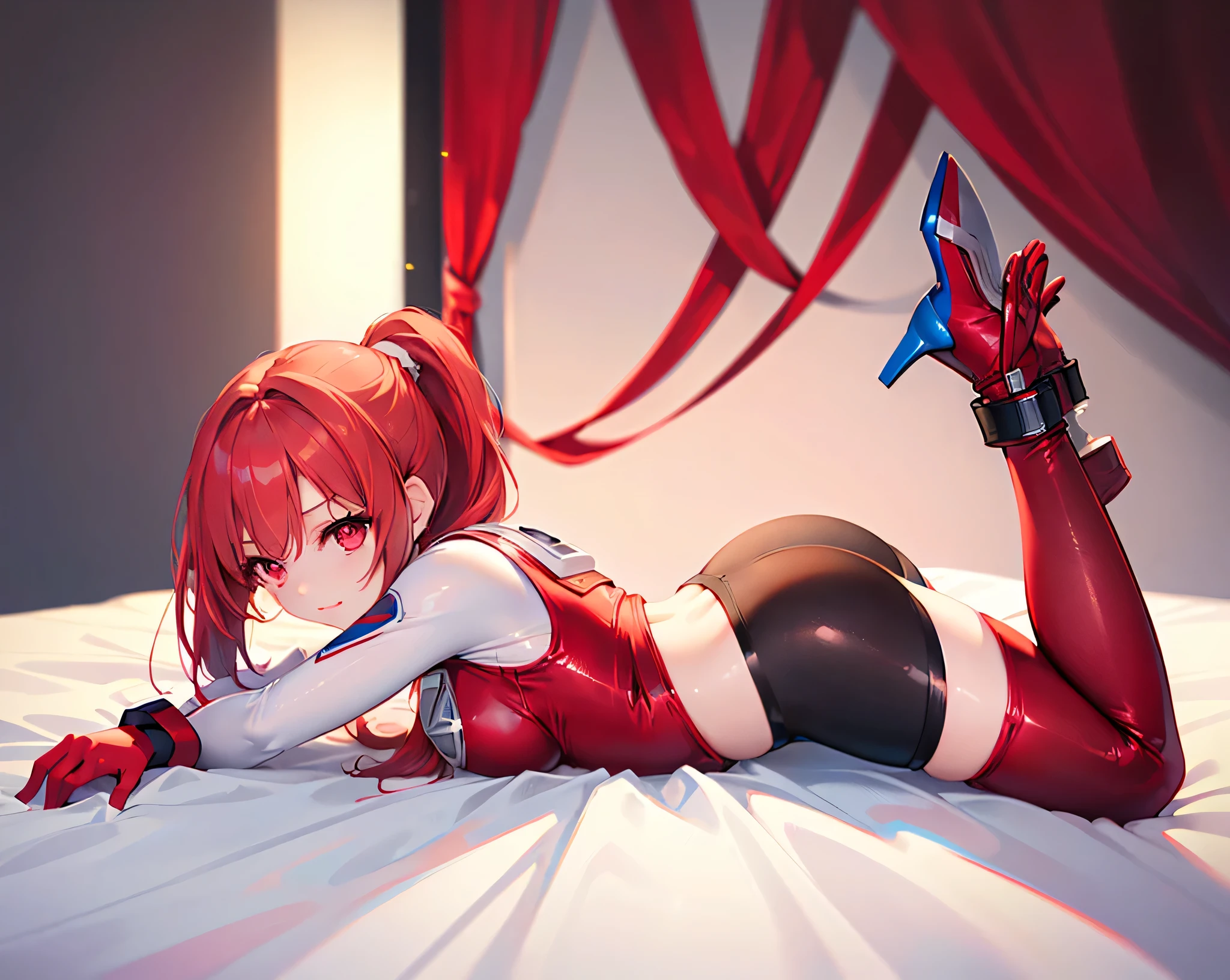 (Close-up:1.3),Realistic,Highest quality, Ultra Detail, High-quality CG rendering, The most delicate and beautiful, Floating softly, High resolution, (1 giant girl), (Highest quality,4K,8K,masterpiece:1.2),(All red hair:1.5), (ponytail:1.5),(Red eyes:1.5), (Ultra Girl:1.0 (All red Ultraman bodysuit:1.4),(Do not expose your skin:1.5),(Slightly larger breasts:1.5),(Red gloves:1.3),(Red Shoes:1.3),(whole body:1.3),(Troubled face:1.3),Small room,(Collapsed in bed:1.3),Defeated,Sleep,Are sleeping,(Prone:1.3),(Turn your back to your audience:1.3),Butt