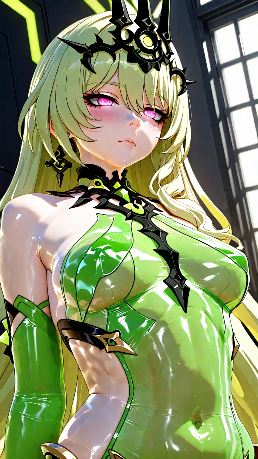 ((Highest quality)), ((masterpiece)), (detailed), （Perfect Face）、The woman is a naked slug alien, a female Tieryu Hatt from the Hat Clan, a slug-shaped alien with green eyes and medium-long blonde hair.