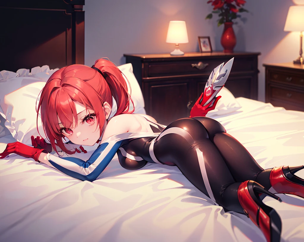 Create a Mavuika illustration, a character from the game Genshin Impact. She's a mature woman. she has big breasts. She must be lying down with her legs open on a bed with a very naughty expression. Mavuika has long, loose red hair., His eyes are big and red, She must be wearing a black blouse and pants. with a piece of panties showing. with red details. she has glasses. and in a very sexy pose. The scene must be vibrant and full of details.