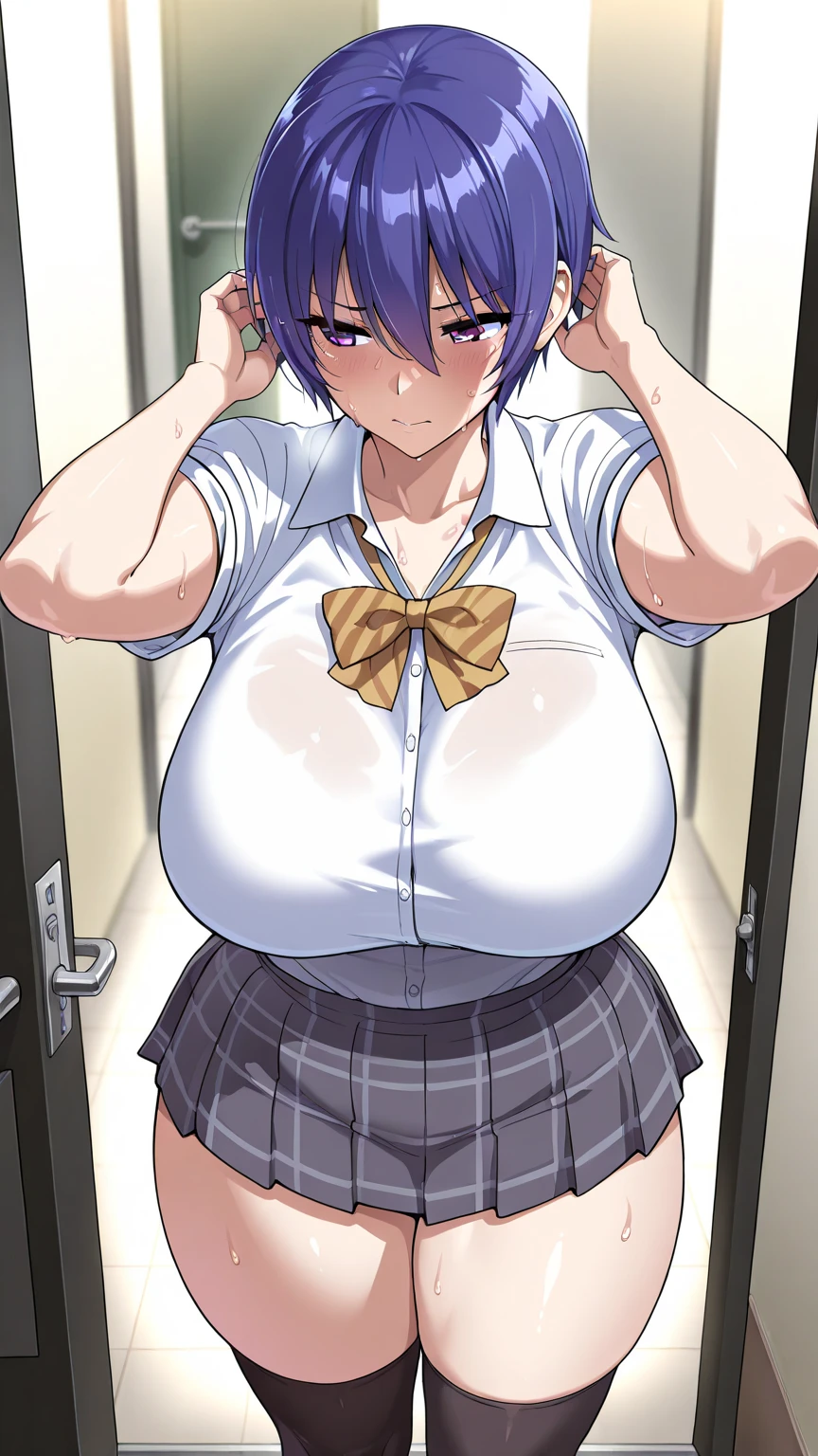((highres)), Masterpiece, high quality, best quality, beautiful, perfect lighting, detailed face, ultra cute face, ((1girl)), ((solo)), short black hair, hair over one eye, green eyes, pale skin, ((blush)), shy, arms behind back, (black tank top), (short plaid pleated skirt), thigh highs, chocker, large breasts, (wide hips), (thick thighs), chubby, standing in a classroom,