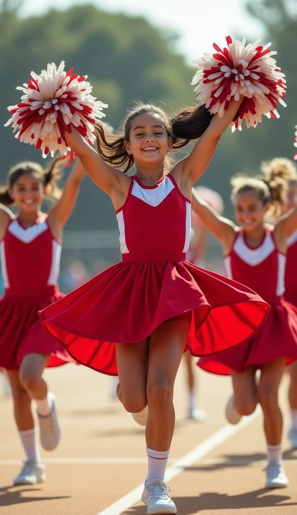 a group of cheerful dancing cheerleaders,  "SeaArt" and "9" written on all their clothes, colorful pompoms, dynamic movement, high energy performance, smiling faces, cheerleading uniforms, outdoor field setting, sunlight, blue sky, fluffy clouds, (best quality,4k,8k,highres,masterpiece:1.2),ultra-detailed,(realistic,photorealistic,photo-realistic:1.37),dynamic lighting, vibrant colors, energetic spirit, athletic grace, professional cheerleaders