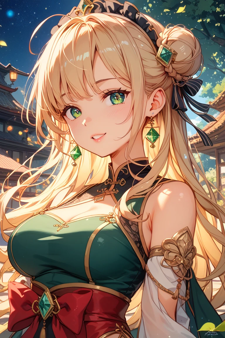 20 years old,1 girl,hyperrealistic, 8k, (extremely detailed 8k), (very delicate and beautiful), (masterpiece), (better quality:1.0), (ultra high resolution:1.0), (masterpiece, best quality), cute,blonde,cleavage cutout,(broen dress:1.3),(crop top navel:1),from front,gleaming skin,twintails,twin bun,red ribbon,green Chinese dress,