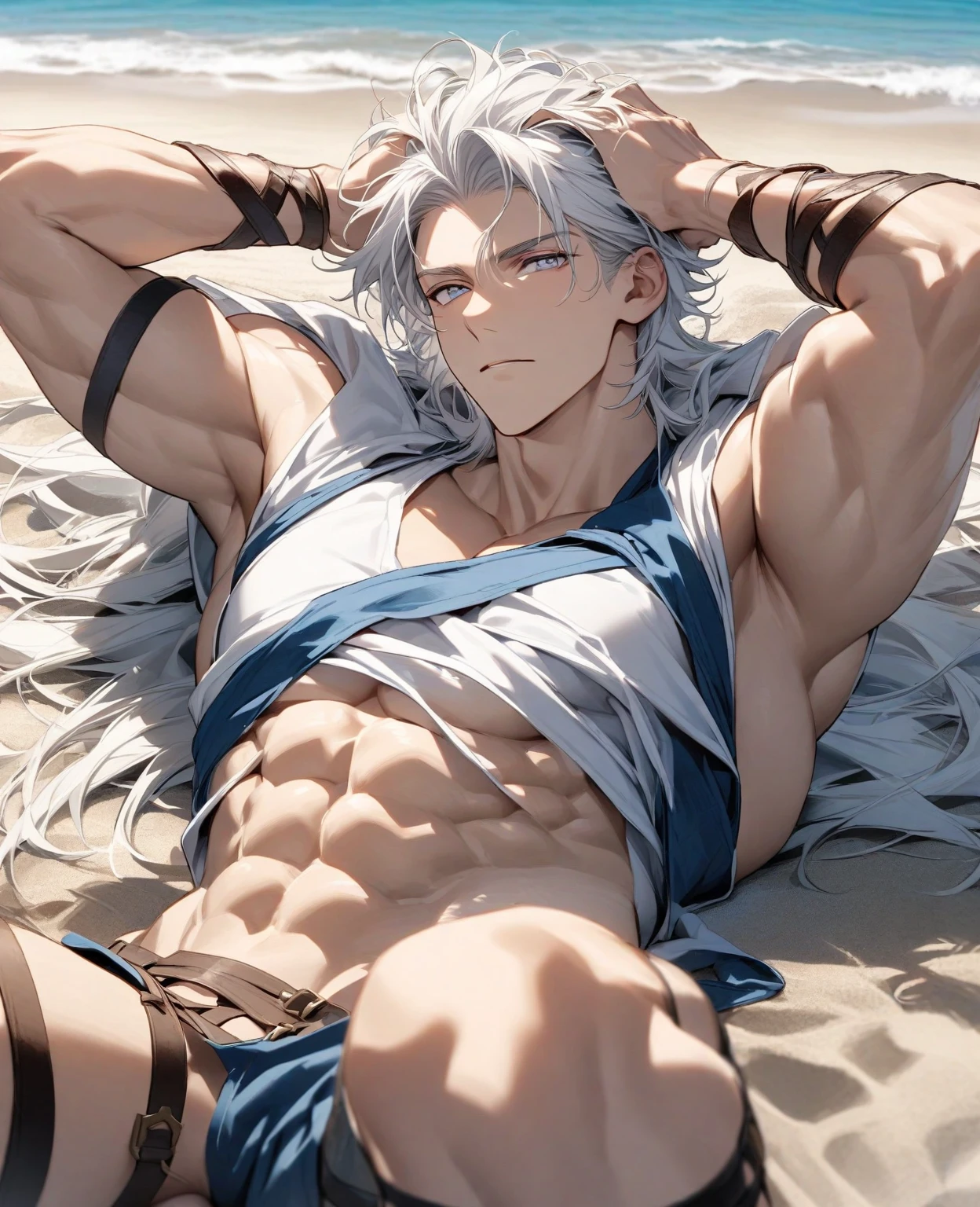 Macho bonito, ele tem cabelo branco, quase sempre despenteado, e sempre penteado pra cima,tip cabelo do personagem Satoru Gojo do anime Jujutso Kaisen, mas tem um certo olhar para ele. He's tall, com ombros largos, musculoso. His face is very masculine, olhar pevertido. Olhos azuis cristalinos extremamente atraentes,cara de cafajeste, lying on a bed, The eyelashes as well as the hair and eyebrow are white as snow,mas sem exagerar. large bulge. just with boxer shorts . don't wear any shirt ,um homem muito atraente.