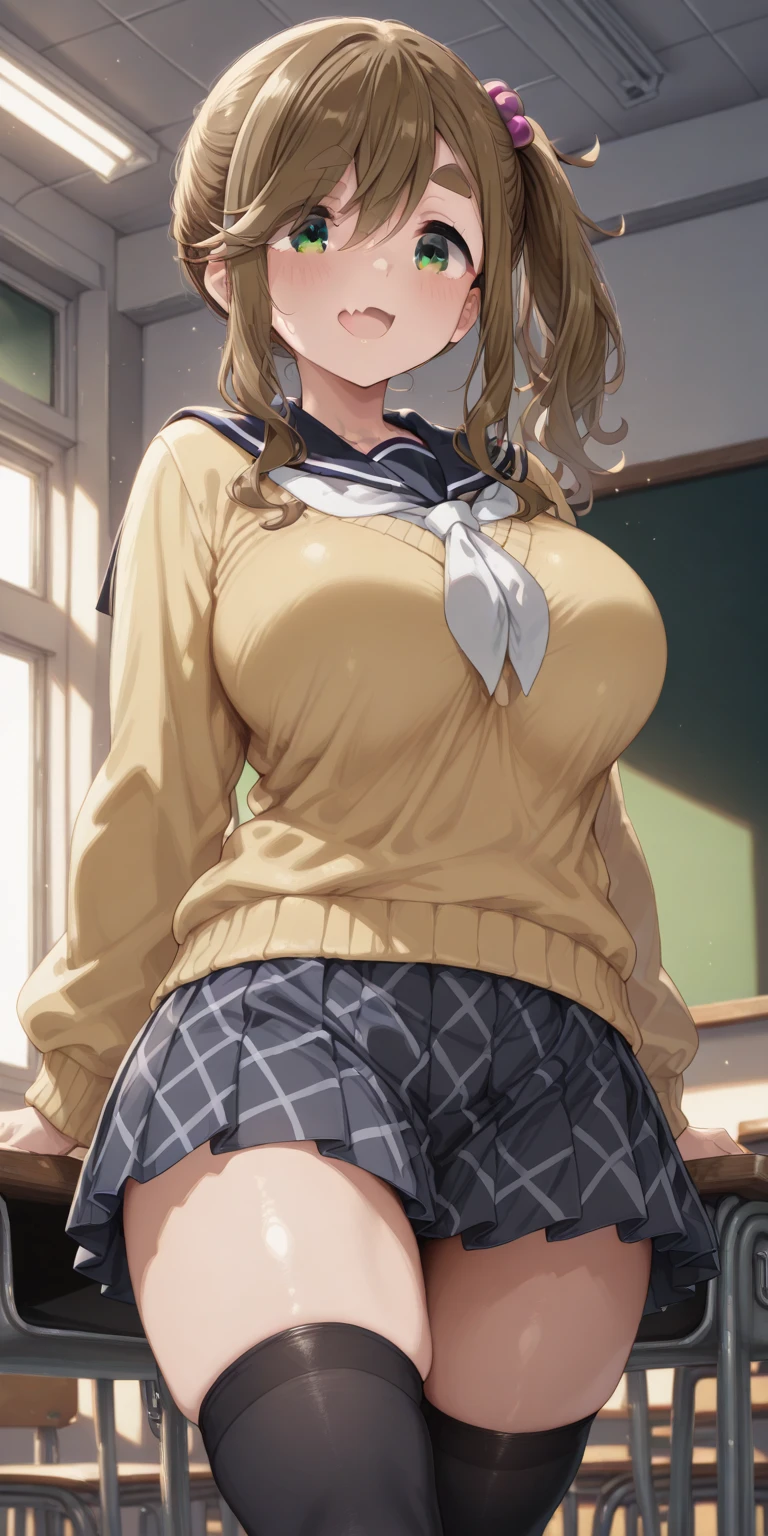 seductive anime girl, [ 4 k digital art ]!!,ultra realistic picture, overdetailed art, 8k high quality detailed art,curvy tanned gyaru,(tareme,thick lips:1.3),cardigan,school uniform,sidetail,pink undies,pleated skirt,brown loafers,bow tie,blonde short wavy hair,(tanned skin:1.3),dark skin,loose socks,sweaty,close up,sitting,in classroom,,naughty smile,