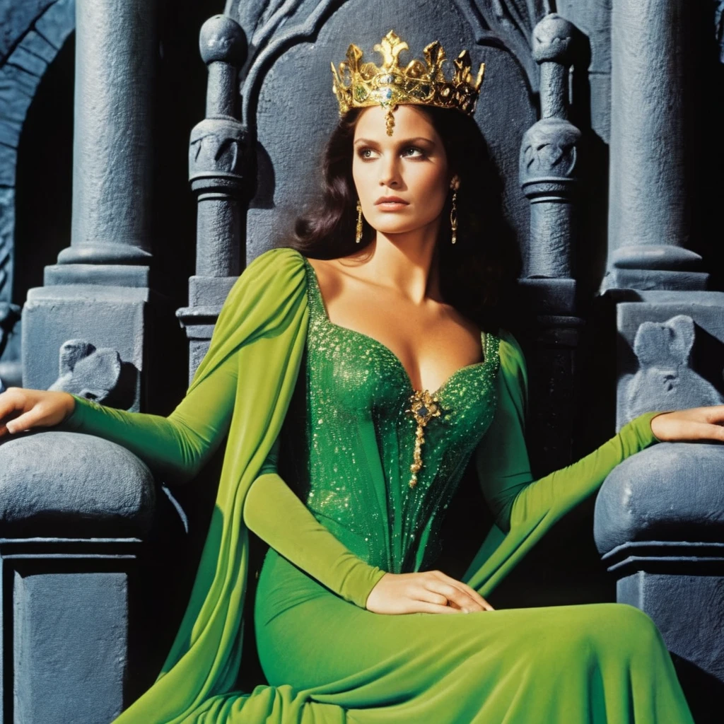 A high quality 1940s fantasy movie still, (black and white) monochrome, with heavy film grain. (full body photo). Soft, dramatic lighting. A seductive evil ((45 year old)) (Jewish woman), straight hair, queen, revealing outfit, large chest, ((plunging neckline)), wearing small ruby tiara, Large nose, wide chin, with broad shoulders, (thick body), wide hips, tan skin, long flowing open cape. Set in open fantasy (throne room), with a view to outside, beautiful masonry of an ancient elven castle. Soft warm candlelight. High Resolution, Very Long Hair, Large breasts,