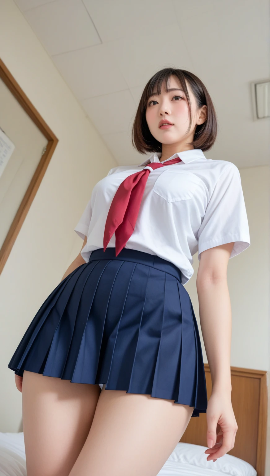 (Sillamäe:1.5), A slender, masterpiece, top-quality, Raw foto, Photorealsitic, faces, Incredibly absurd, beautiful a girl, cute little,Short messy hair, depth of fields, hight resolution, ultra-detailliert, finely detail, ighly detailed, extremely detailed eye and face, Sharp pupils, Realistic pupils, foco nítido, Cinematic lighting,Schoolgirl Uniform、Sheer white shirt、Navy blue ribbon at the collar、Dark blue pleated micro mini、appearance々Sexy Poses、White panties are visible from the skirt、20 years girl、Lift the hem of the skirt with both hands to show panties
