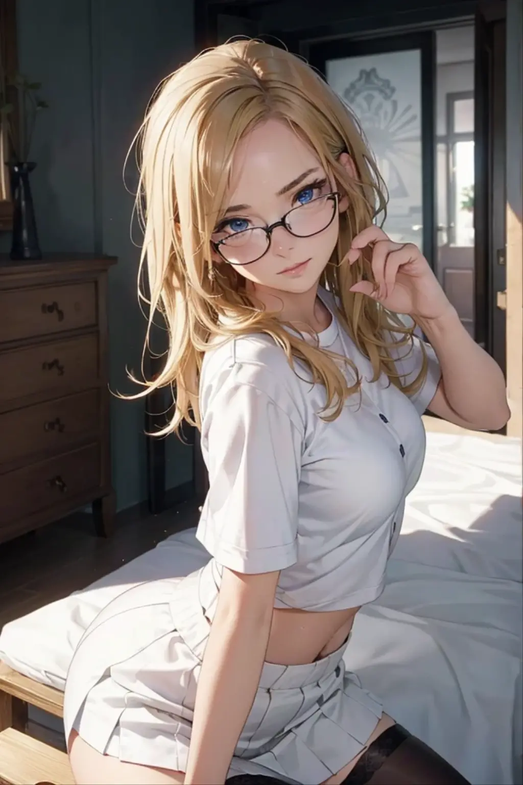 absurdres, RAW photo, highest quality, (masterpiece: 1.3), high detail RAW color photo, professional photo, extremely detailed CG 8k wallpaper unit, photo-realistic, realistic, RAW photo, masterpiece, best quality, highres, illustration,
1girl, 19 YEARS old, tall, random hairstyle, blonde hair with bangs, medium length, thin legs, beautiful face perfect realistic, beautiful blue eyes detailed, fair skin, texture of detailed skin, very small breasts, small butt, beautiful body, smile, blue prescription glasses. Elegant. Lying in bed.
(White lingerie, simple design), young man's room.