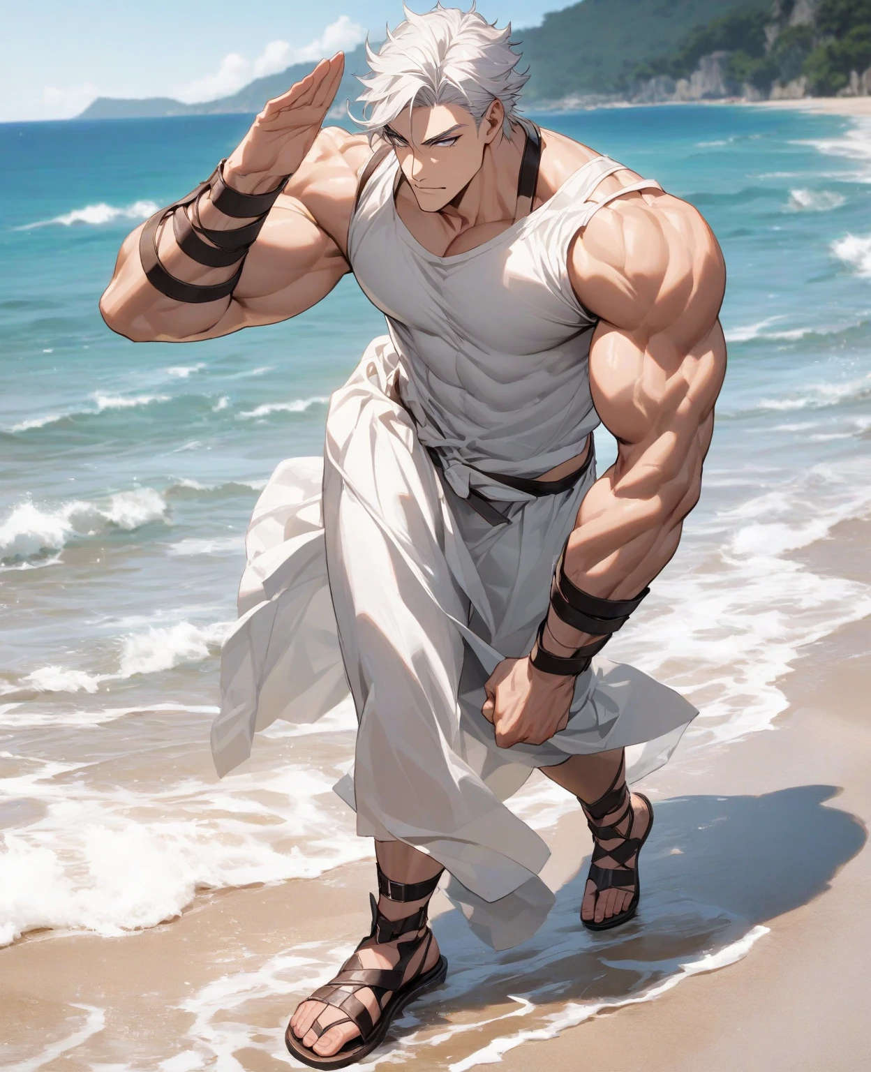 chico anime con un cuerpo musculoso y una camisa ajustada puesta, muscular!!, muscular character, Estilo baki, muscular! Blanco, muscular!!!, muscular!, Super buff y cool, musculatura, big biceps, muscular!! Science-Fiction, muscular characters, Hermosa pose de anime, fuerte e imponente, pose fuerte, Baki el garfio, Arte de anime limpio y detallado, large musculatura