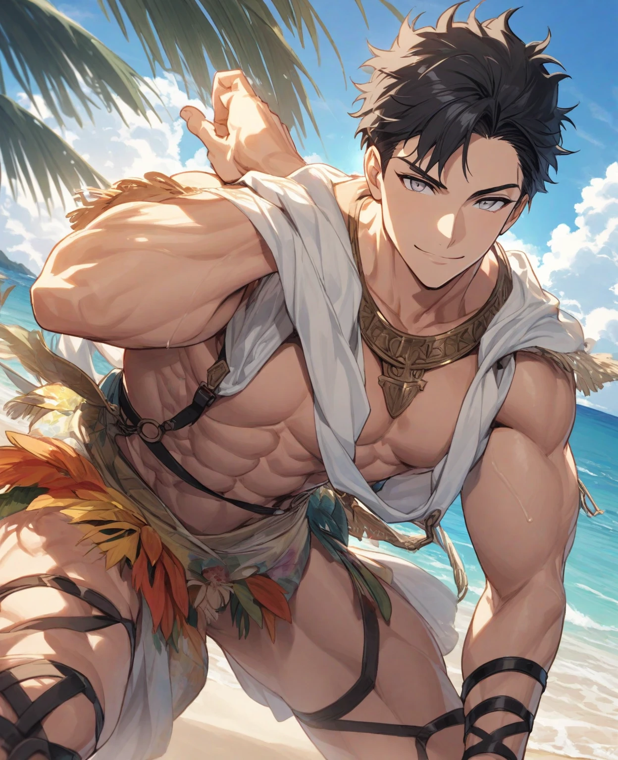野性的なBrown skinの狼獣人の部族の細マッチョな奴隷少年、Brown skin、barefoot、barbarian、Ankle Accessories、Wolf Ears、Wearing an ivory necklace、smile、Wearing a loincloth、Short Hair、Tattered Loincloth、Iron Collar、Jungle Lake、Open