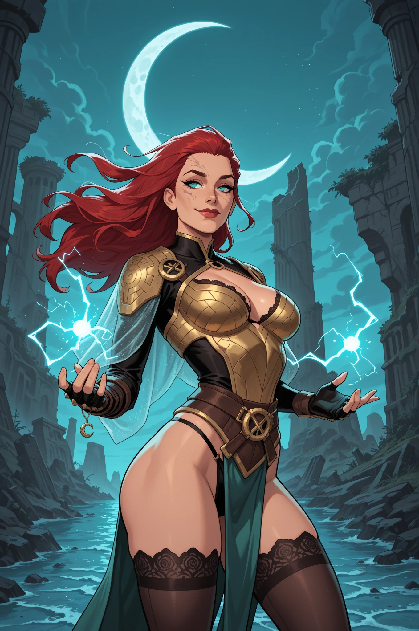 Starfire,long brown hair,green eyes,from below,glowing hair,purple crop top,purple underwear,navel,purple gloves,cleavage cutout,
solo,upper body,floating,navel,
night,Gotham city,
(insanely detailed, beautiful detailed face, masterpiece, best quality),<lora:Starfire-10IJ2i:0.8>,