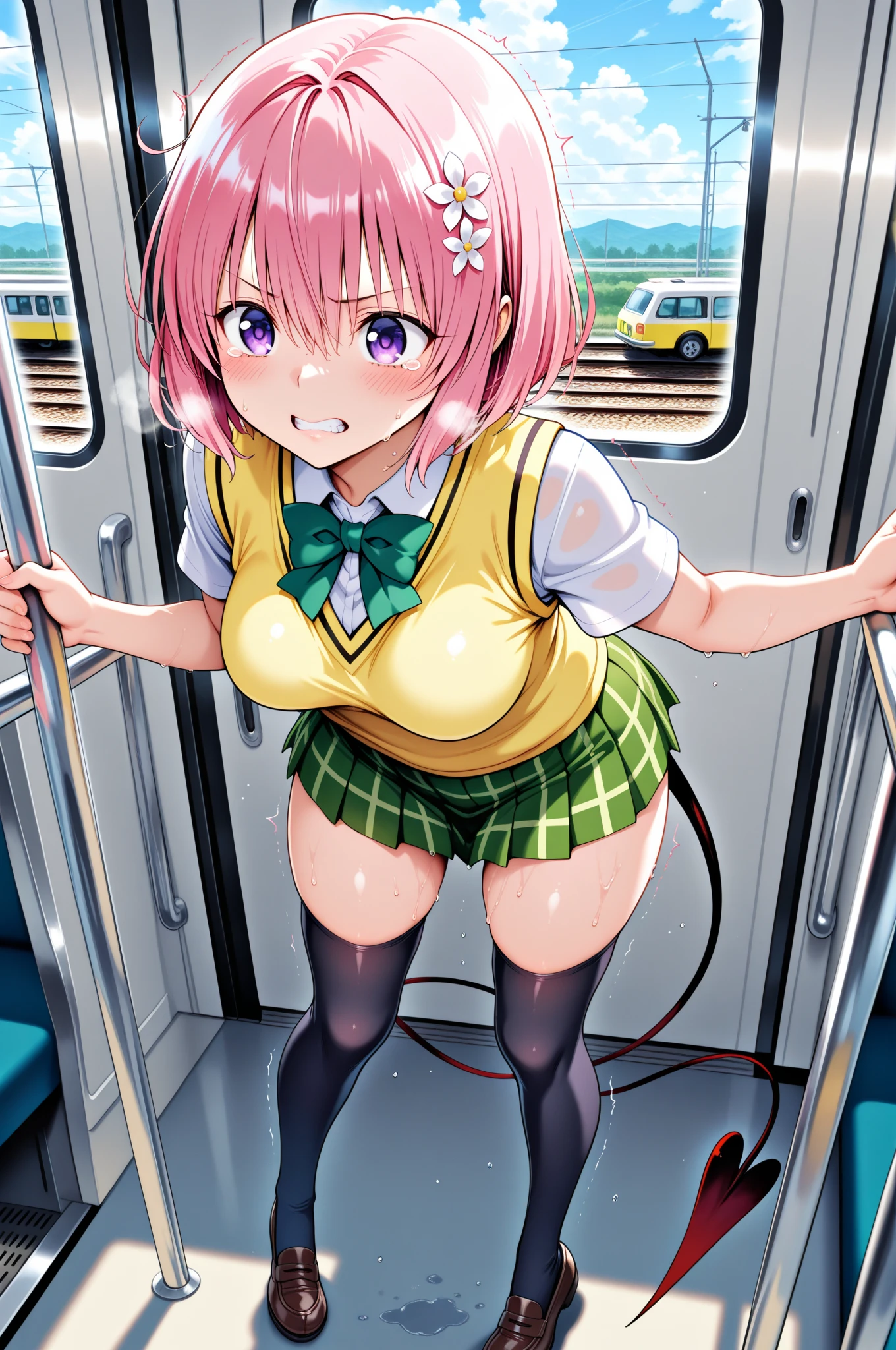 debris flieasterpiece、highest quality、Super detailed、High resolution、High resolution、8K portrait、Unity 8k壁紙のHigh resolutionCG、unity 8k wallpaper、cute:1.5、:1.5、Highly detailed CG unity 8k wallpaper、realistic、real person、cute、 portrait photography、shiny skin、High resolution、Orange Bob Hair、(16 years old:1.2)、(1 girl)、(Inside the train:1.6)、(school uniform),perfect face, seriously, (blush:1.5),(((clothing lift:1.5))), (medium chest:0.8),(((I have nipples))), Detailed description vagina,show vagina,spread legs,spread ,((vaginal orgasm:1.7)), (green ribbon:1.2),((leaning forward:1.2))