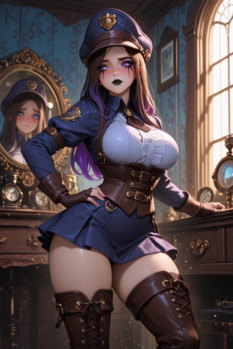 1girl,  young woman sitting near ((bar counter)) in ((steampunk western saloon)), wearing ((red steampunk corset)), ((black steampunk petticoat)), ((white steampunk stockings)), ((high steampunk boots on heelakeup, ((steampunk style)), seductive, sexy, hot, sultry, shapely, full body render, fine detail, highest quality, skin texture, intricate details, (cinematic lighting), RAW photo, 8k, perfect face, perfect body, beautiful, hyperrealism, trending on artstation, blonde hair