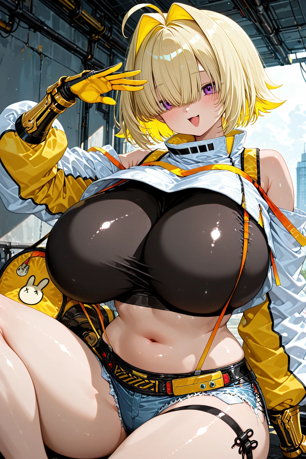 Photo of beautiful jpn-gyaru, masterpiece, 1 girl,
(:1.5), Cyborg girl with blonde bob hair and blue eyes and dark skin, (blonde bob hair: 1.2), big breasts,seductive smile, (mechanical bunny ears headband: 1.2), headphones,(white highleg leotard, camel-toe:1.2), enamel sleeve, (crescent moon sunset:1.3), bayside, shore, cowboy shot,