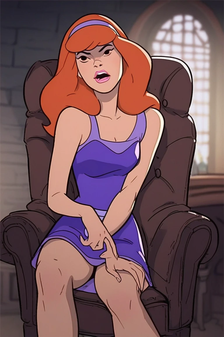 pov, sam, totally spies, orange hair, green eyes, penis at face, looking at viewer, kneeling, from above, bare shoulders, pink top