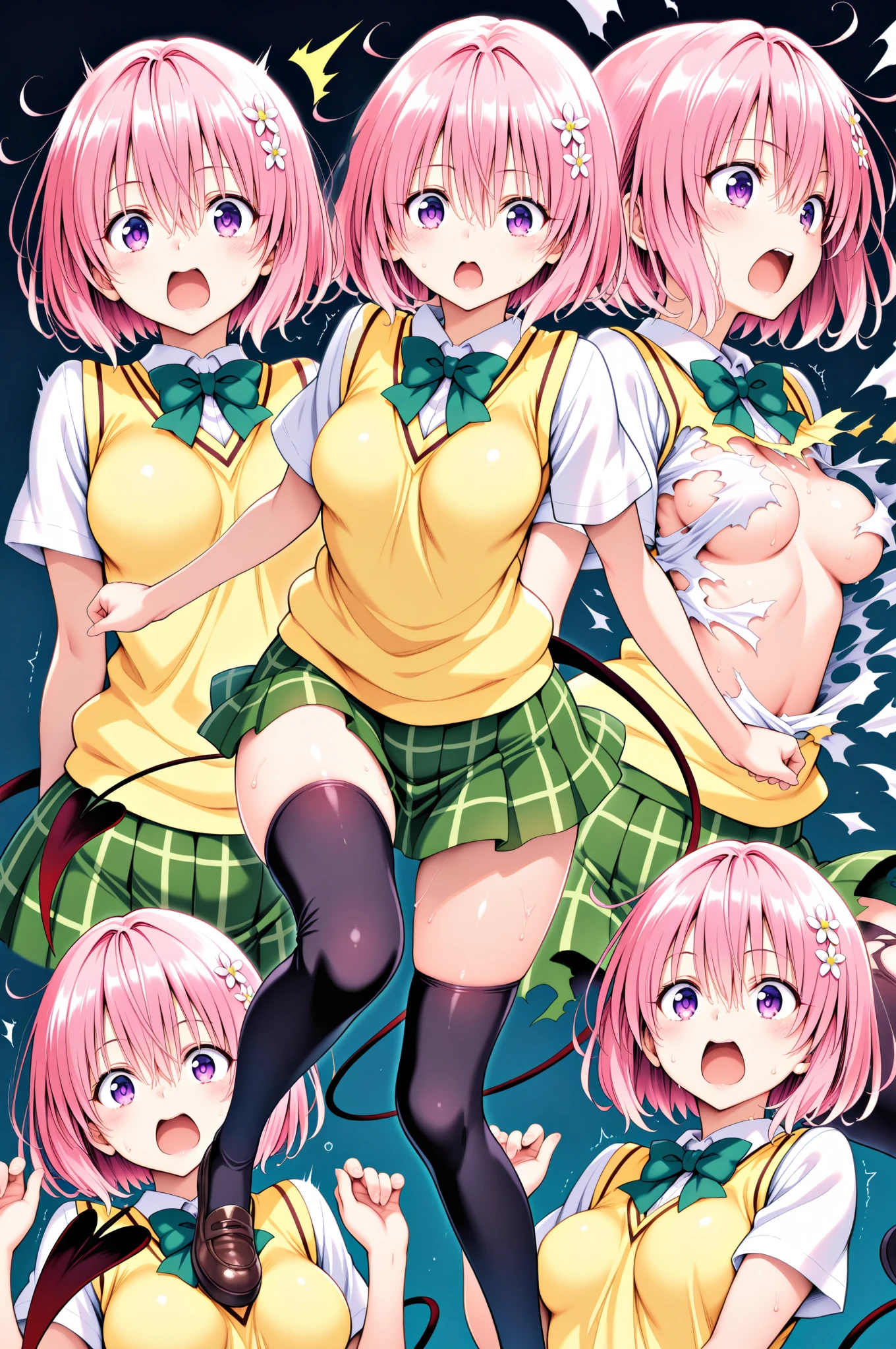 ( 4 diferent girls),4 Girls with pink hair, long double-tailed hairstyle, ((small bushy eyebrows)) walking to school, ????? pussy, flirty smile, close up view from below on her ??????, mons pubis in the foreground, very close up to her mons pubis, hands on her tummy , bubbling ????? on her pussy