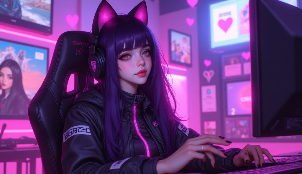Gamer girl mature with blue and pink hair sitting at computer playing games holding gaming controller in hands, headset on the head with cyber cat ears, wearing cat mask on face, fully clothed, wearing leather jacket, surrounded by five cats in the background anf foreground, dynamic angle, smiling