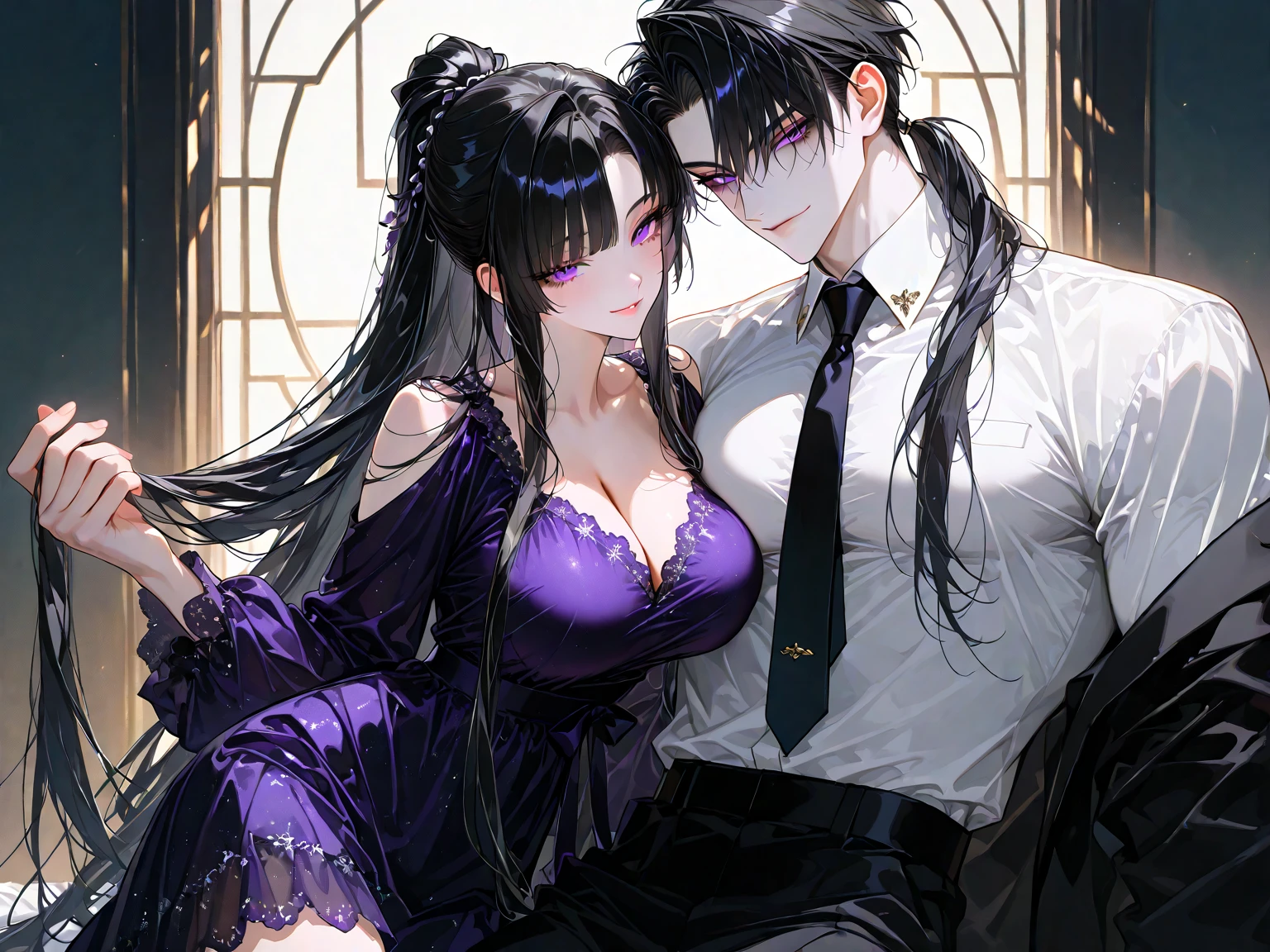 masterpiece, best quality, anime boy and girl, siblings, twins, one is male, one is female, (they look alike), black hair, gothic clothes, (sexy), (two characters)