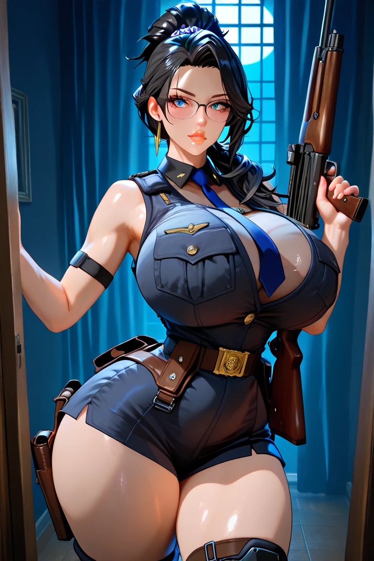 1 woman, Ultra HD, retina, obra de arte, Anatomicamente Correto, pele texturizada, detalhes altos, premiado, Melhor qualidade, 8k, alto,(shirt, holster, gun holster, bondage gear, choker, headband, pantyhose, harness ), shaved pussy, large perfect breasts, wide hips, thick thighs,