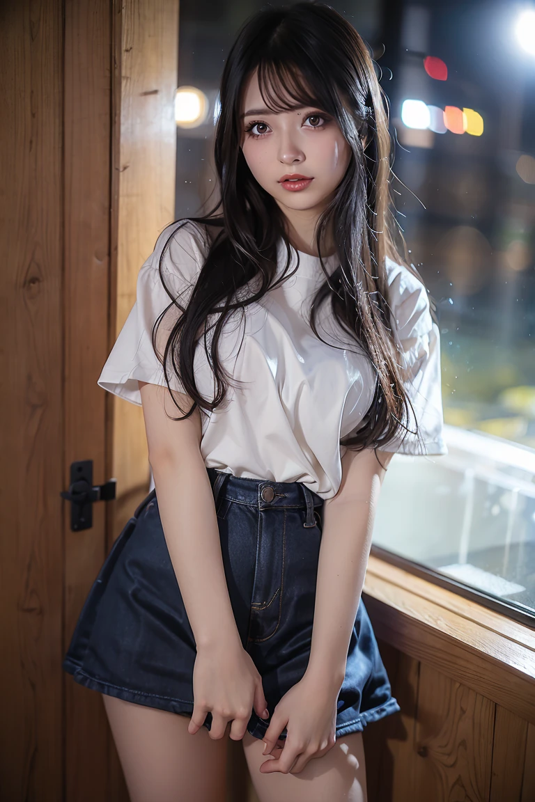 Masterpiece, best picture quality, one beautiful girl, detailed eyes, swollen eyes, brown hair, long hair, fair skin, cute, cute legs, short skirt, Japanese woman, Asian beauty, moonlight, strong eyes, professional lighting, bright lighting, double eyelids, slender, Japanese woman, Asian beauty,